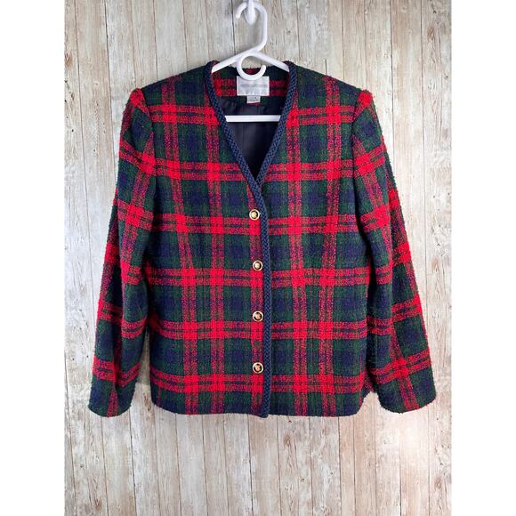VTG 90s Amanda‎ Smith Blazer Jacket 12 Red Green Blue Plaid Christmas Holiday - Picture 1 of 10